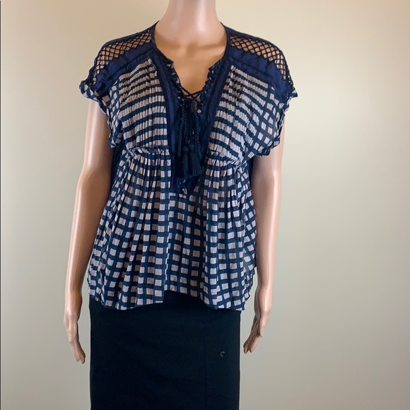 Free People navy and white lace-up blouse XS/S NWT - Picture 3 of 6